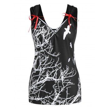 

Plus Size Sleeveless Bowknot Branch Print Top, Black