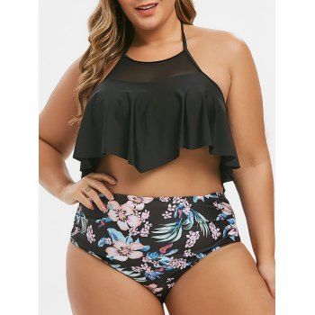 

Plus Size Floral Mesh Panel Tummy Control Bikini Swimwear, Black