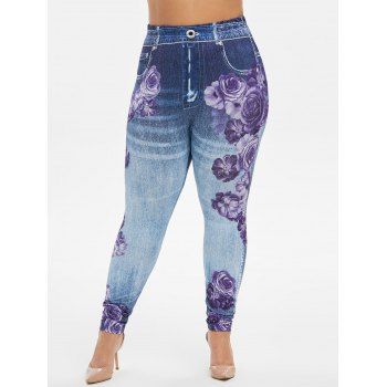 

Plus Size High Waist Floral Print 3D Jeggings, Denim dark blue