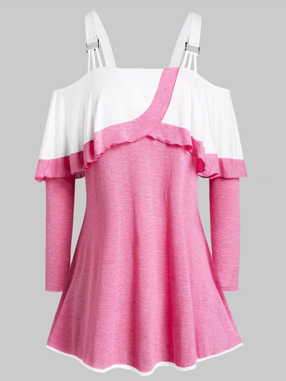 

Plus Size Cold Shoulder Square Collar Two Tone T Shirt, Pig pink