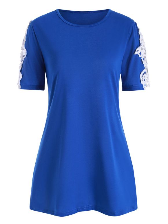 T-shirt Long Panneau en Dentelle à Manches Courtes - Bleu Cobalt XL