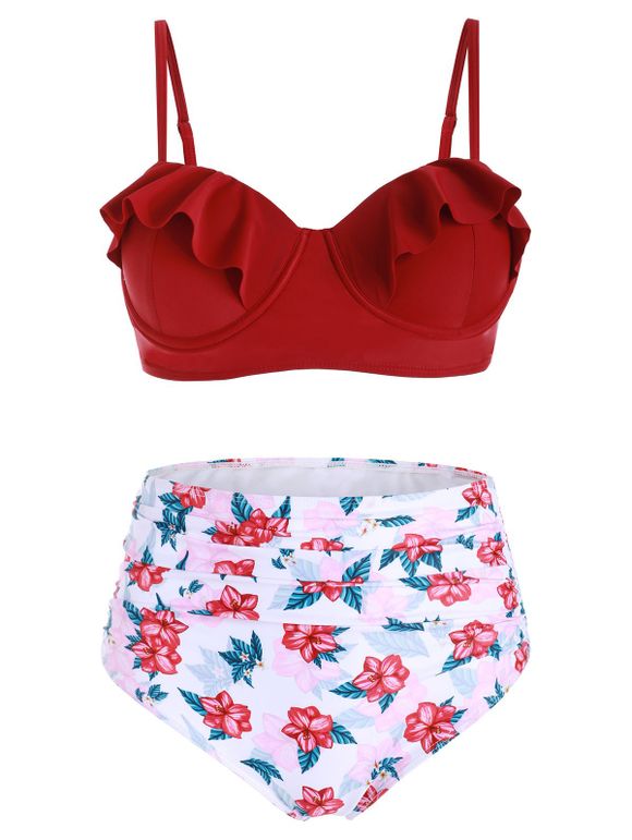 Maillot de Bain Bikini Fleuri à Volants - Rouge Vineux XL