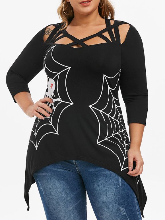 Plus Size Spider Web Asymmetrical Cross Hollow Out Tee - BLACK 1X