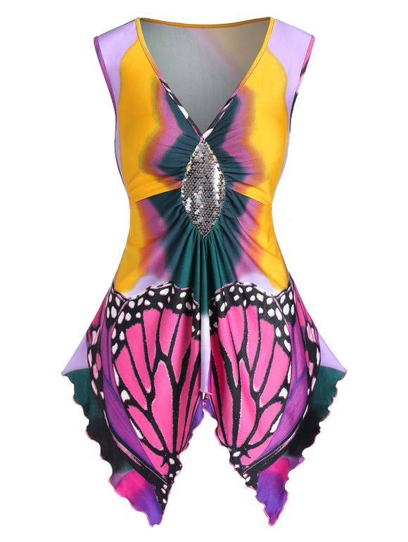 Débardeur Papillon Imprimée à Paillettes à Col Plongeant - multicolor A 2XL
