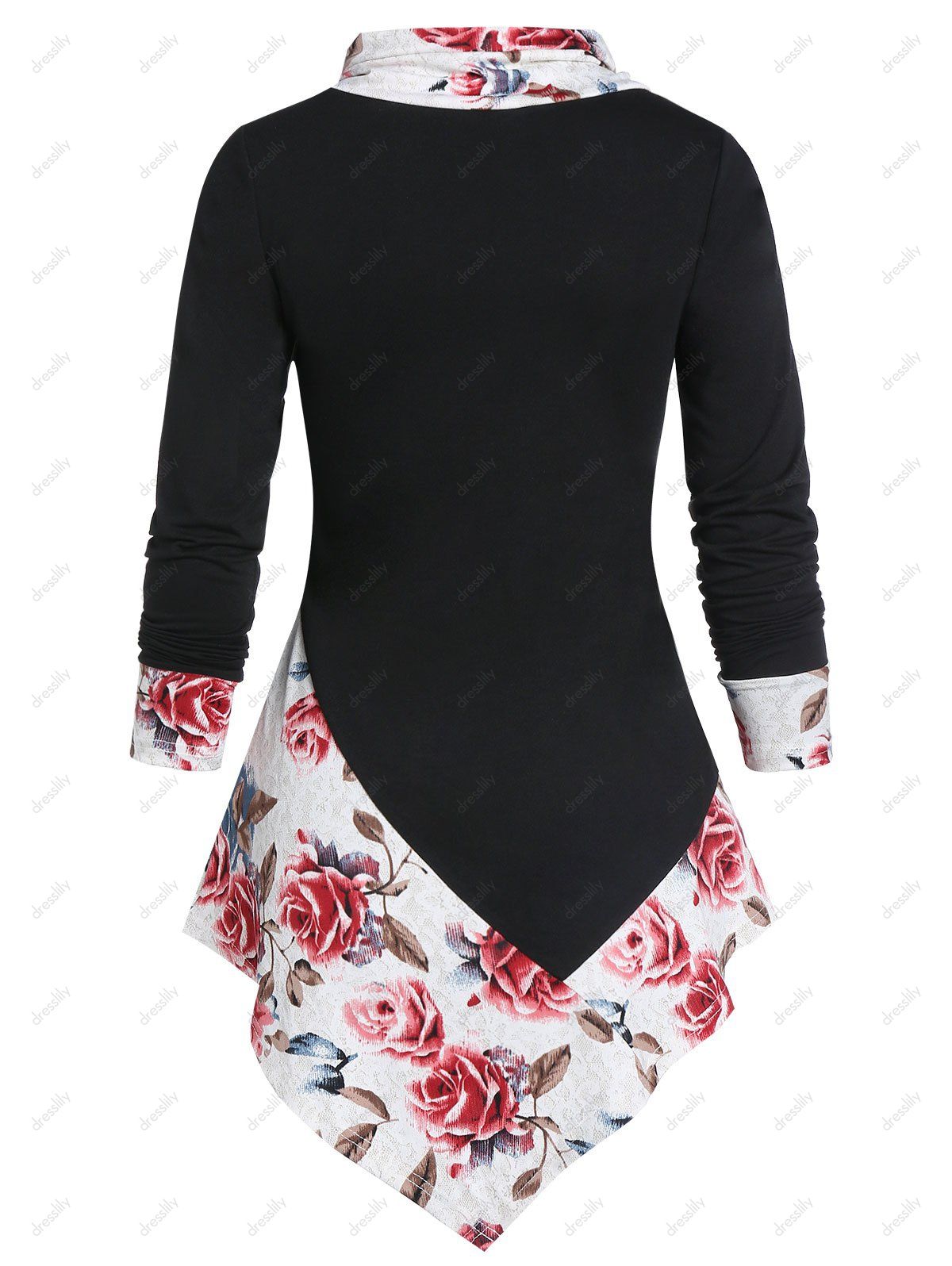 Flower Print Asymmetrical Cowl Neck Long Sleeve Tunic Tee - BLACK XL