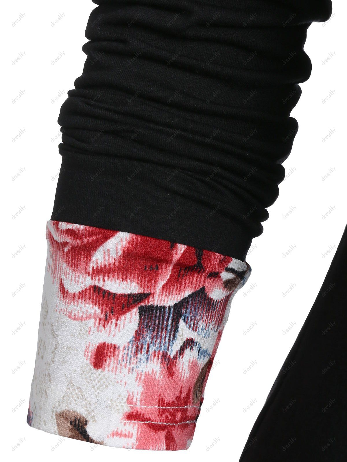 Flower Print Asymmetrical Cowl Neck Long Sleeve Tunic Tee - BLACK XL