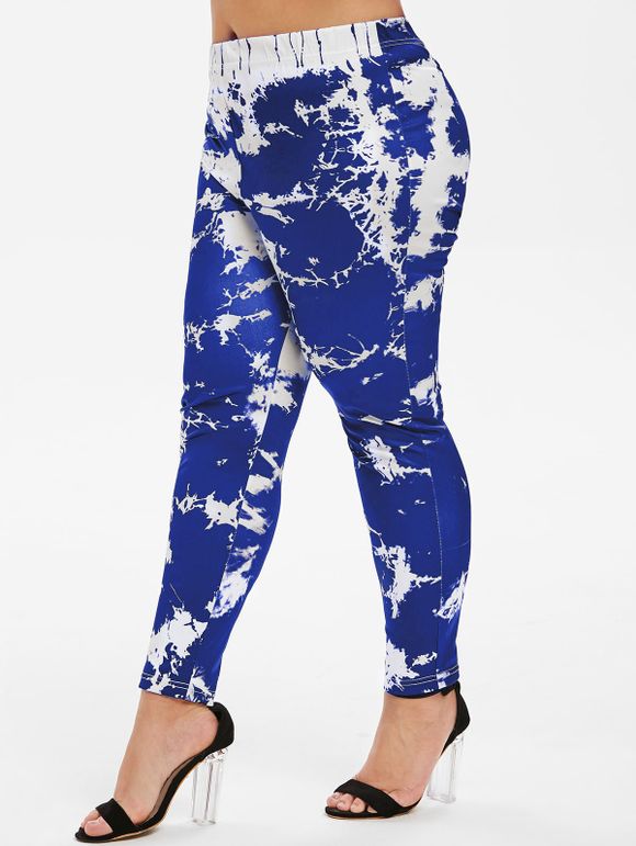 Pantalon Moulant Marbre Imprimé à Taille Haute de Grande Taille - Bleu profond L
