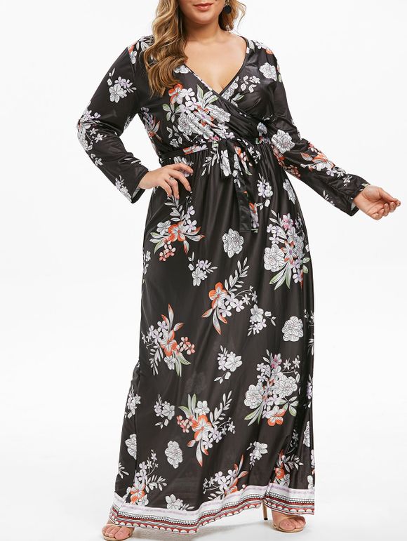 Plus Size Floral Imprimer V Neck Belted Maxi Dress - Noir 4X