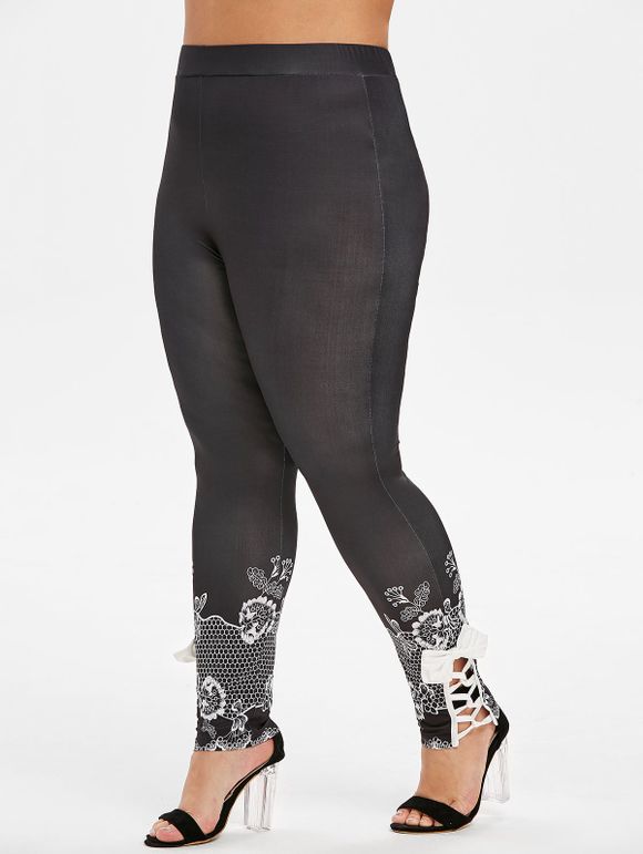 Plus Size bowknot Lattice Panel Leggings Imprimer Fleur - Noir 5X