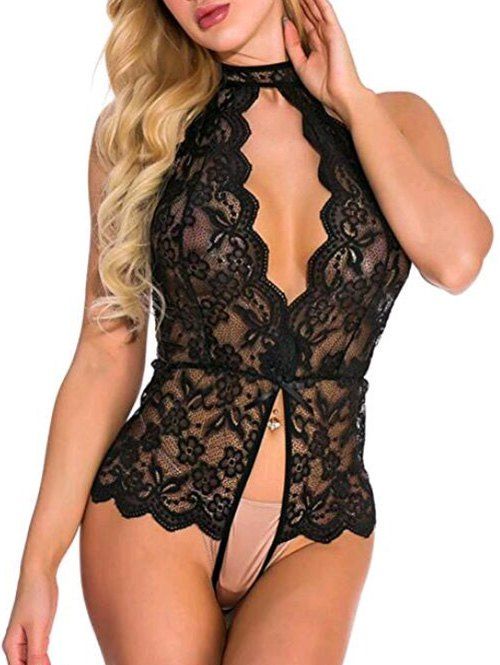 Scalloped Floral Lace Halter Teddy - BLACK XL