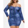 Mini Robe Epaule Dénudée de Grande Taille à Lacets - Bleu Myrtille 3X