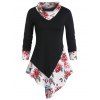 T-shirt Tunique Asymétrique Fleur Imprimée Manches Longues à Col Rond - Noir L