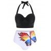 Maillot de Bain Bikini Papillon Imprimé à Col Halter - Noir S