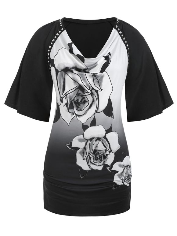 T-shirt Long Clouté Fleur Imprimée de Grande Taille à Col Bénitier - Noir 5X