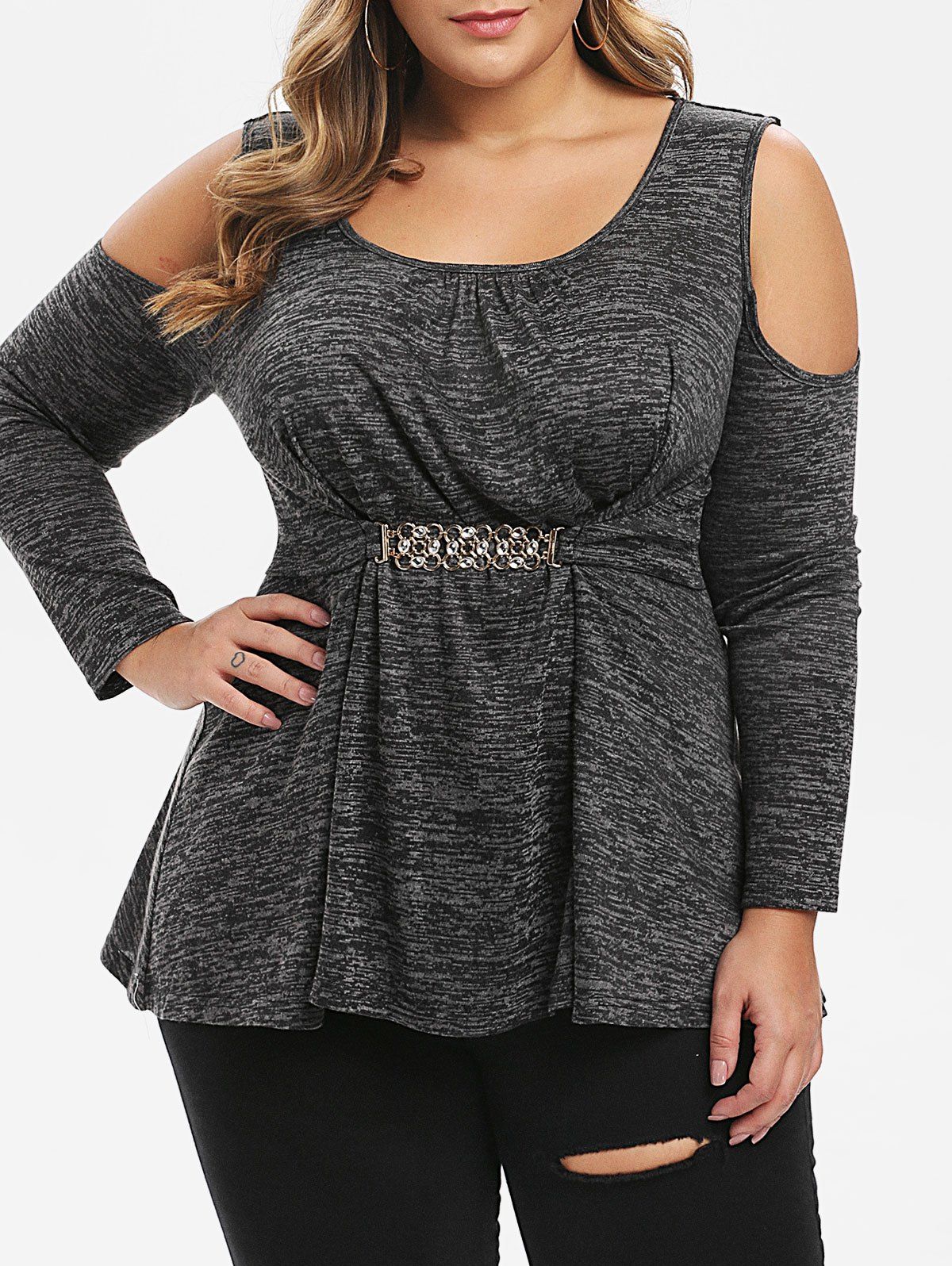 

Plus Size Space Dye Cold Shoulder Tunic T Shirt, Gray