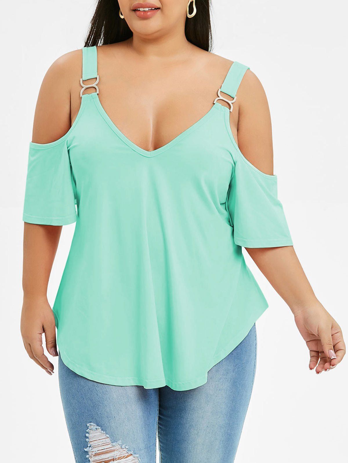 

Plus Size Cold Shoulder Tunic T Shirt, Light aquamarine