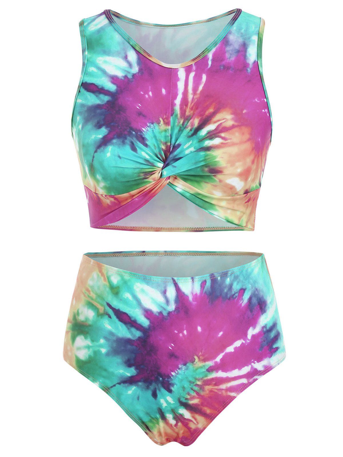 Tummy Control Tankini Swimsuit Bright Swimwear Tie Dye Twisted Summer Beach Bathing Suit - multicolor B M