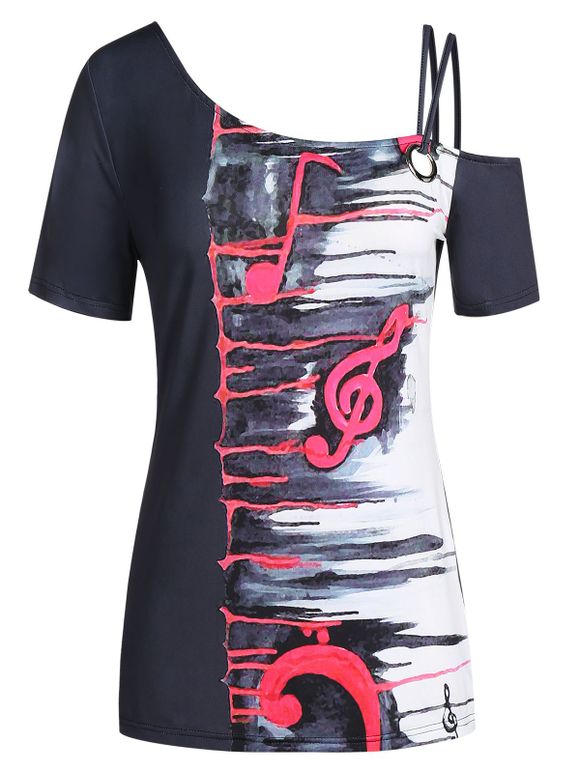 T-Shirt Teinté Note de Musique Imprimée de Grande Taille à Col Oblique - multicolor L