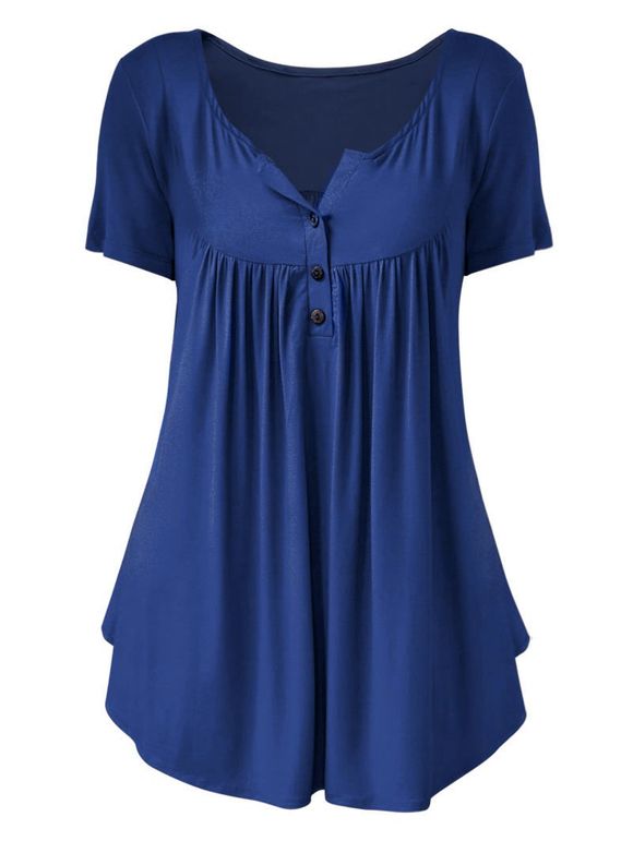 T-shirt Demi-Boutonné Plissé en Couleur Unie de Grande Taille - Bleu 5X