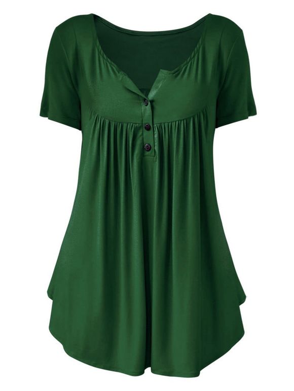 T-shirt Demi-Boutonné Plissé en Couleur Unie de Grande Taille - Vert Pin 4X