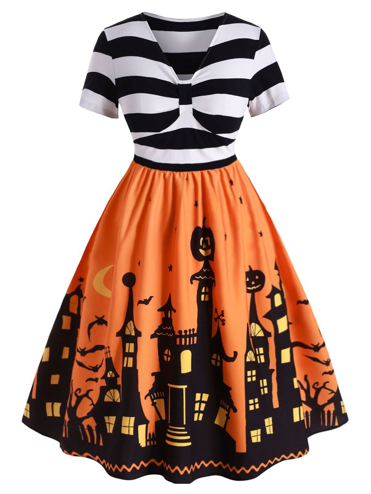 Plus Size Striped Halloween Flare Dress - PUMPKIN ORANGE 2X