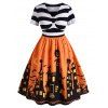 Robe Evasée d'Halloween Rayée de Grande Taille - Orange Citrouille 3X