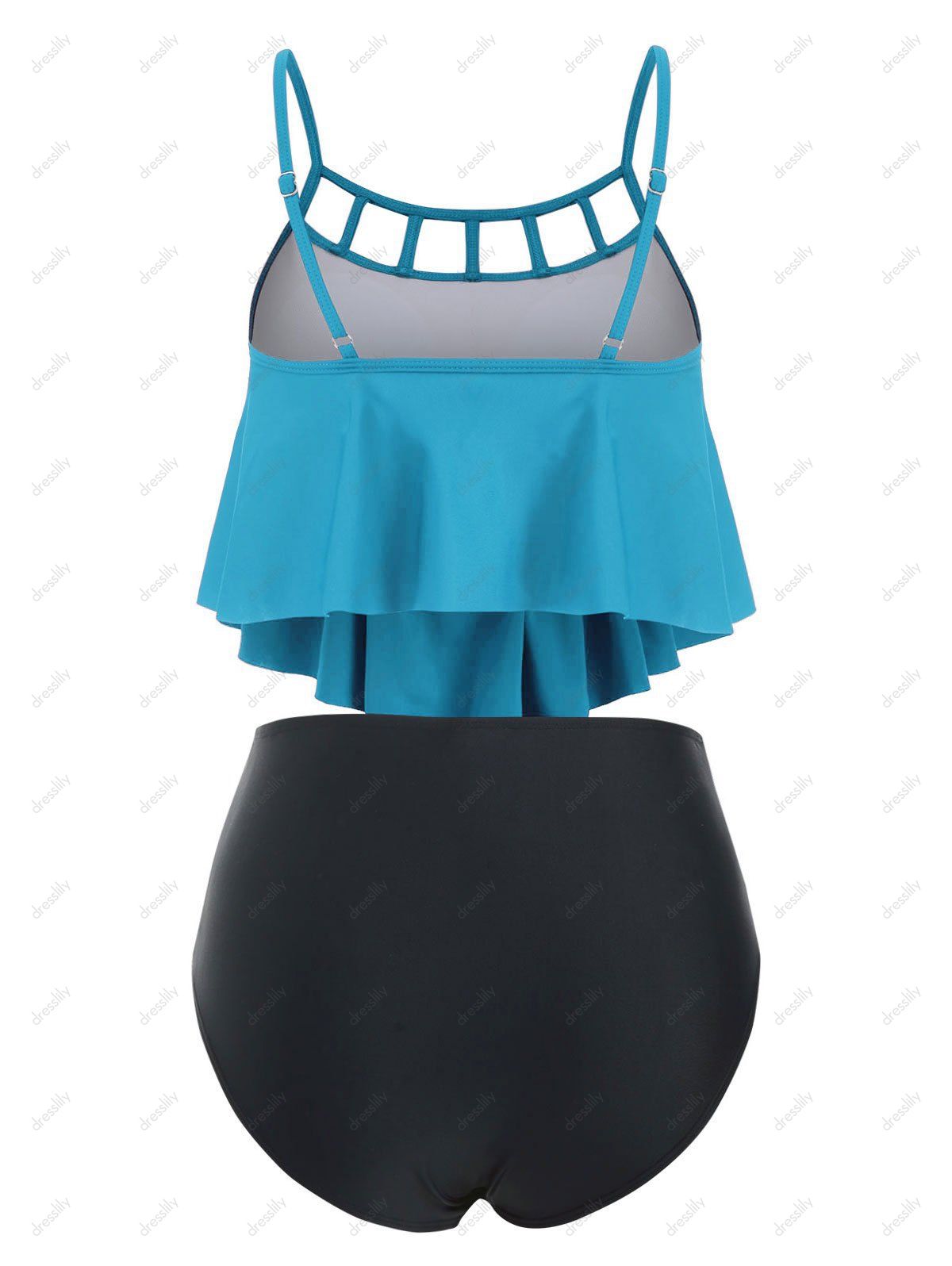 [68 OFF] 2021 Flower Applique Ladder Cut Flounce Tankini Swimsuit In