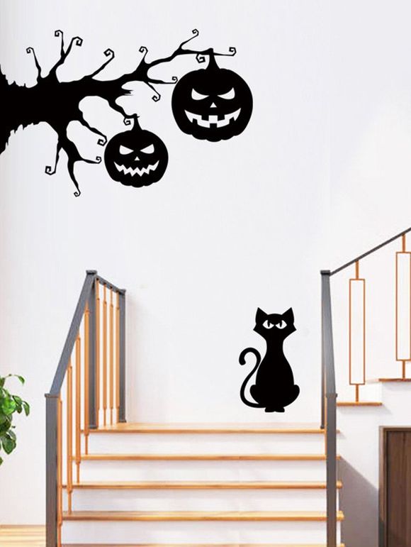 Autocollant Mural d'Halloween Amovible Chat et Citrouille Imprimés - Noir 58*56CM