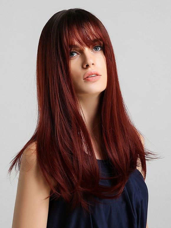 Synthetic Long Straight See-through Bang Wig - RED WINE 
