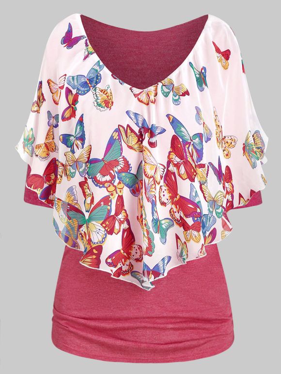 T-shirt Papillon Imprimé Plongeant à Demi-Manches - multicolor A XL