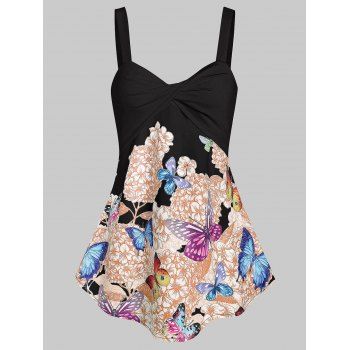 

Front Twist Floral Butterfly Tank Top, Black