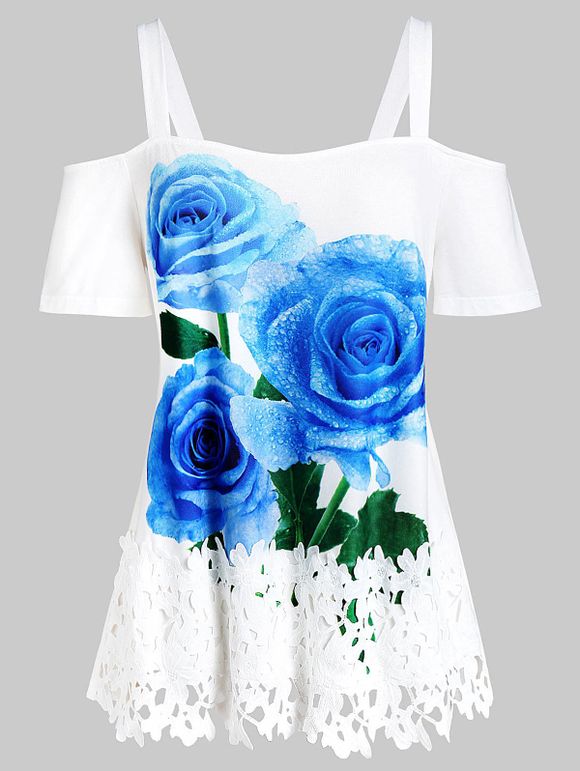 T-shirt Applique Fleuri Imprimé à Epaule Dénudée de Grande Taille - Blanc 5X
