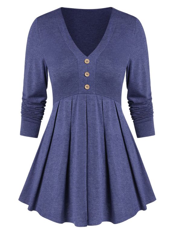 T-shirt Evasé Tunique à Col V avec Bouton - Bleu Marine L