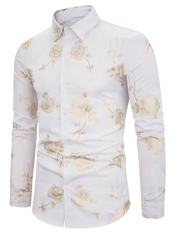 Chemise Boutonnée Fleur Imprimée à Manches Longues - Blanc L