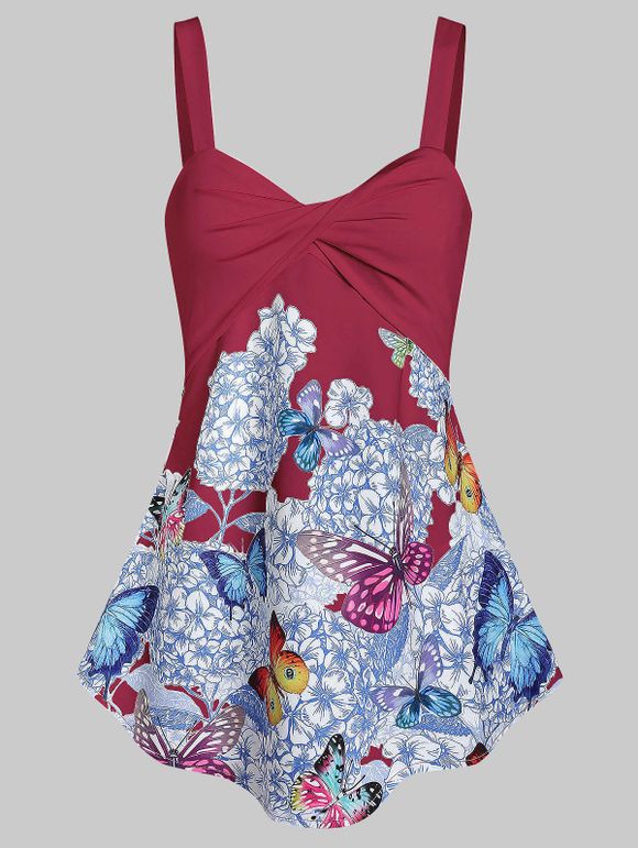 Débardeur Papillon Fleuri Tordu en Avant - Rouge Vineux 2XL