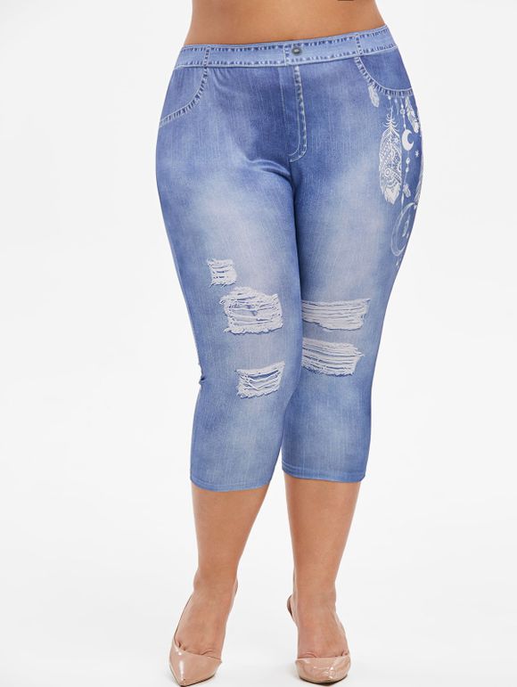 Legging Capri Plume Imprimée en Faux Jean de Grande Taille - Bleu Toile de Jean 1X