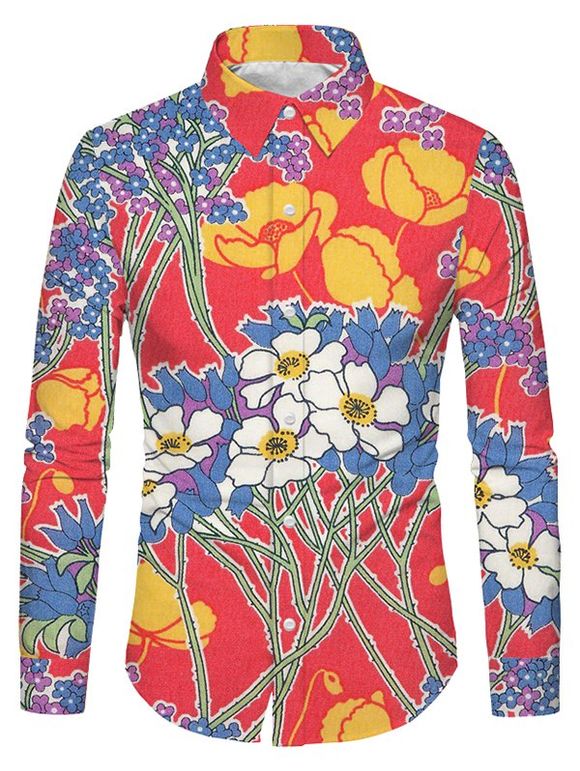 Chemise Boutonnée Fleur Imprimée à Manches Longues - Rouge S