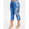 Legging Capri 3D Fleuri Imprimé à Côté de Grande Taille en Faux Jean - Bleu Dodger 1X