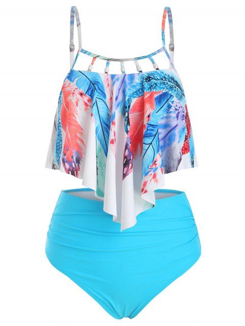 Tummy Control Tankini Swimsuit Bright Color Swimwear Flounce Feather Print Ruched Cut Out Beach Bathing Suit