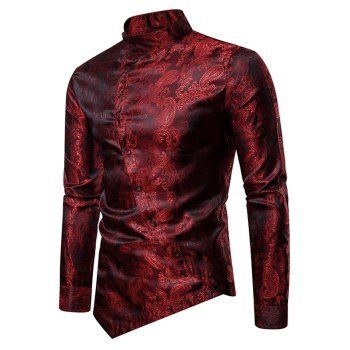 

Paisley Stand Collar Button Down Asymmetrical Shirt, Red wine