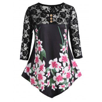 

Plus Size Lace Panel Button Floral Print T Shirt, Black