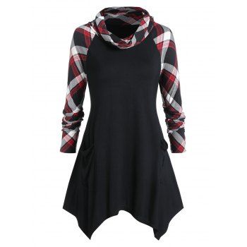 

Plus Size Cowl Collar Plaid Panel Tunic T Shirt, Black