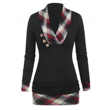 Checked Panel Button Tunic T Shirt
