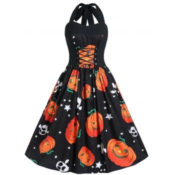 

Plus Size Halloween Pumpkin Print Vintage Dress, Black