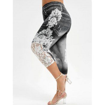 

Lace Panel 3D Printed Capri Plus Size Jeggings, Black