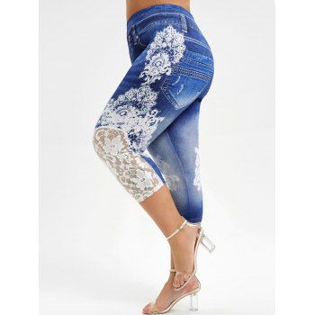 

Lace Panel 3D Printed Capri Plus Size Jeggings, Deep blue