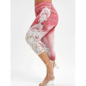 

Lace Panel 3D Printed Capri Plus Size Jeggings, Red