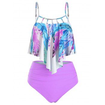 

Tummy Control Tankini Swimsuit Bright Color Swimwear Flounce Feather Print Ruched Cut Out Beach Bathing Suit, Multicolor a