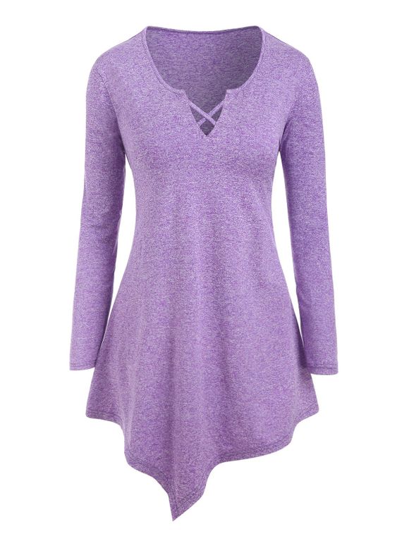 Haut Tunique Asymétrique Chiné à Manches Longues de Grande Taille - Mauve L