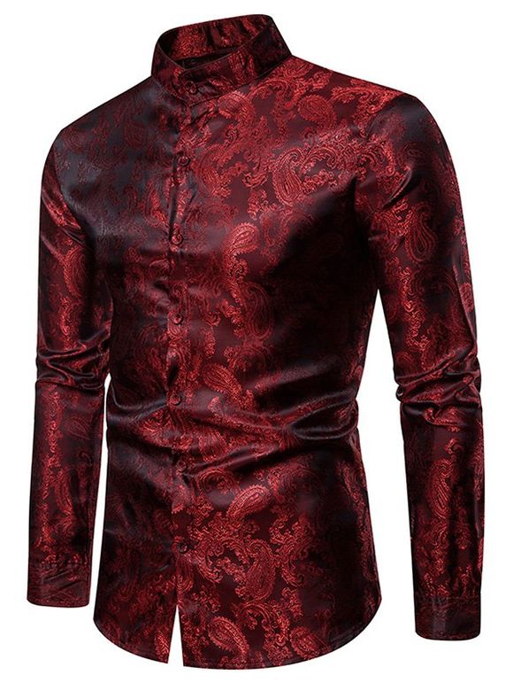 Chemise Boutonnée Cachemire Imprimé à Col Montant - Rouge Vineux L